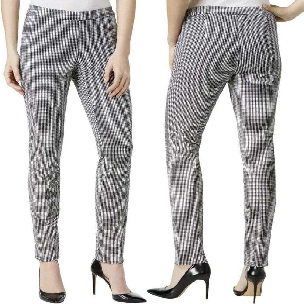 New Alfani Gingham Black White Pull On Stretch Cotton Blend Pants Size 16